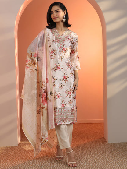 Libas Off White Embroidered Chinon Straight Suit Set With Dupatta