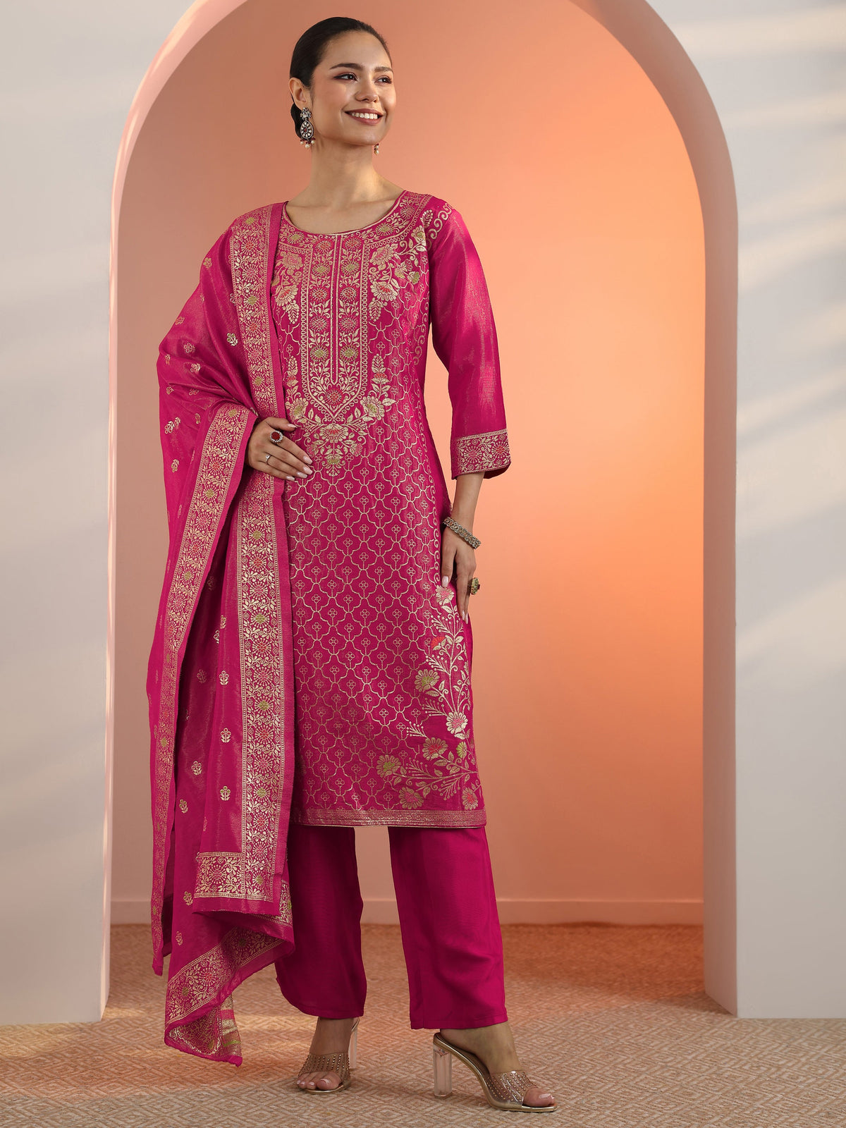 Libas Pink Embellished Silk Blend Straight Suit Set With Dupatta