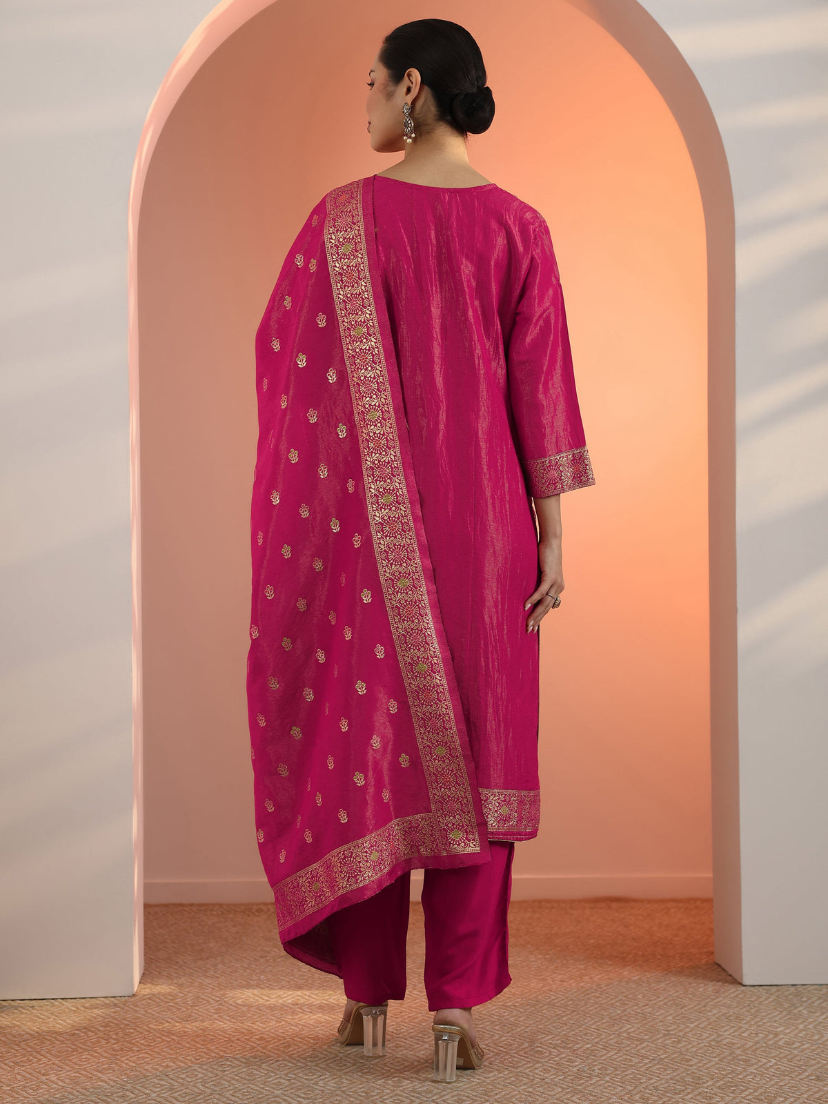 Libas Pink Embellished Silk Blend Straight Suit Set With Dupatta