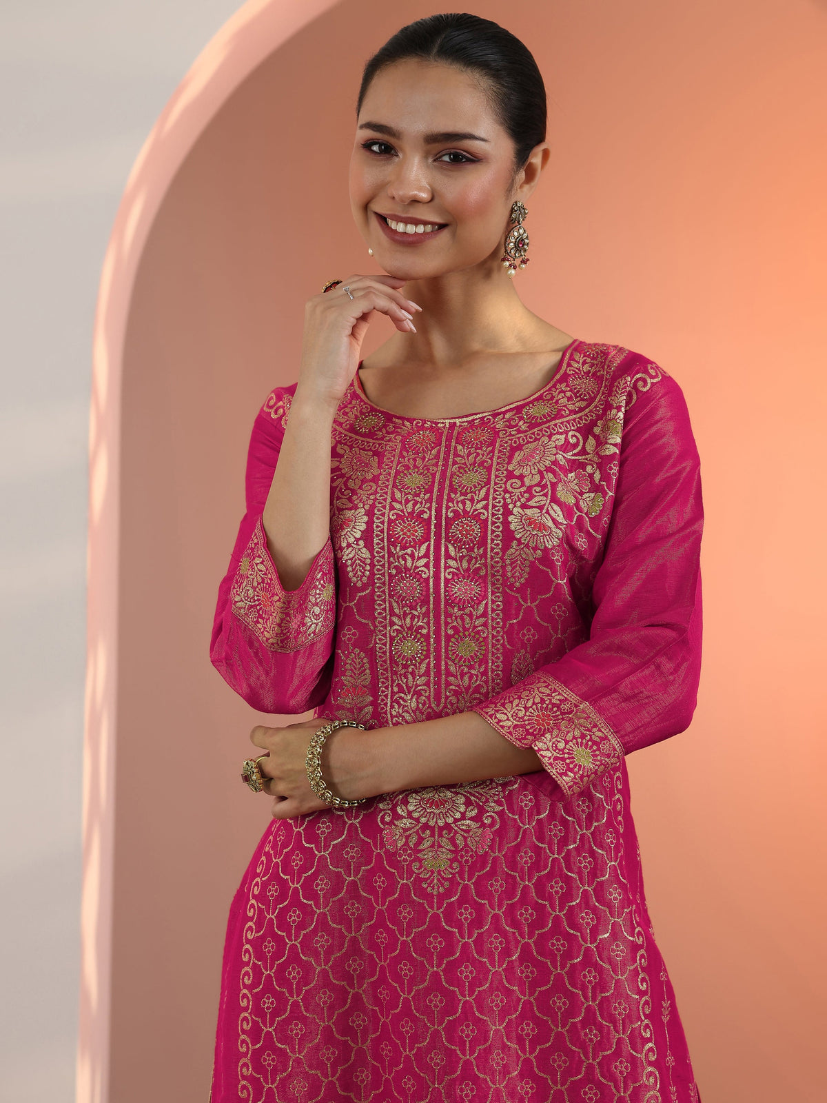 Libas Pink Embellished Silk Blend Straight Suit Set With Dupatta