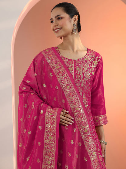 Libas Pink Embellished Silk Blend Straight Suit Set With Dupatta