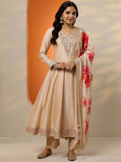 Libas Beige Embroidered Silk Blend Anarkali Suit Set With Dupatta