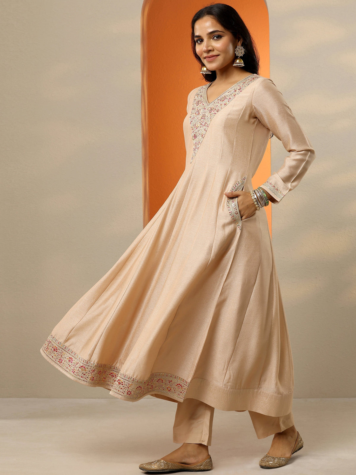 Libas Beige Embroidered Silk Blend Anarkali Suit Set With Dupatta