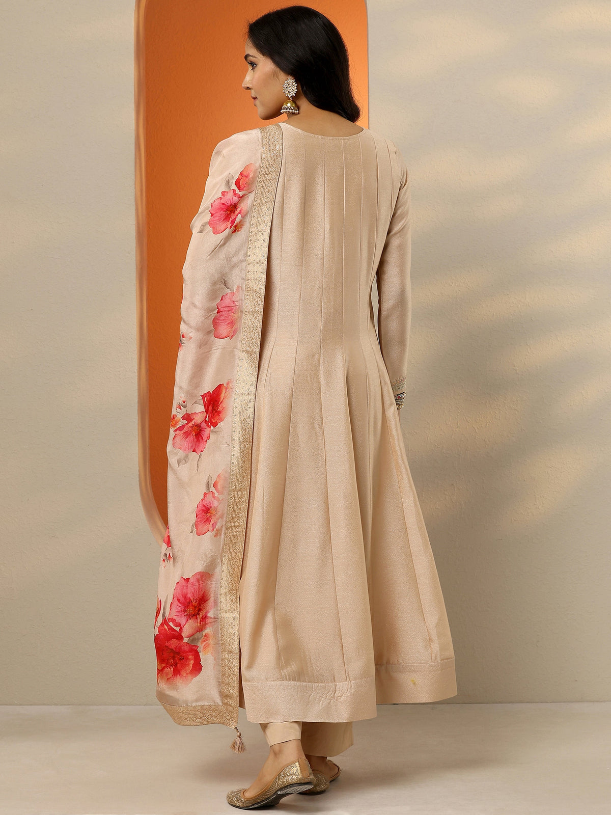 Libas Beige Embroidered Silk Blend Anarkali Suit Set With Dupatta