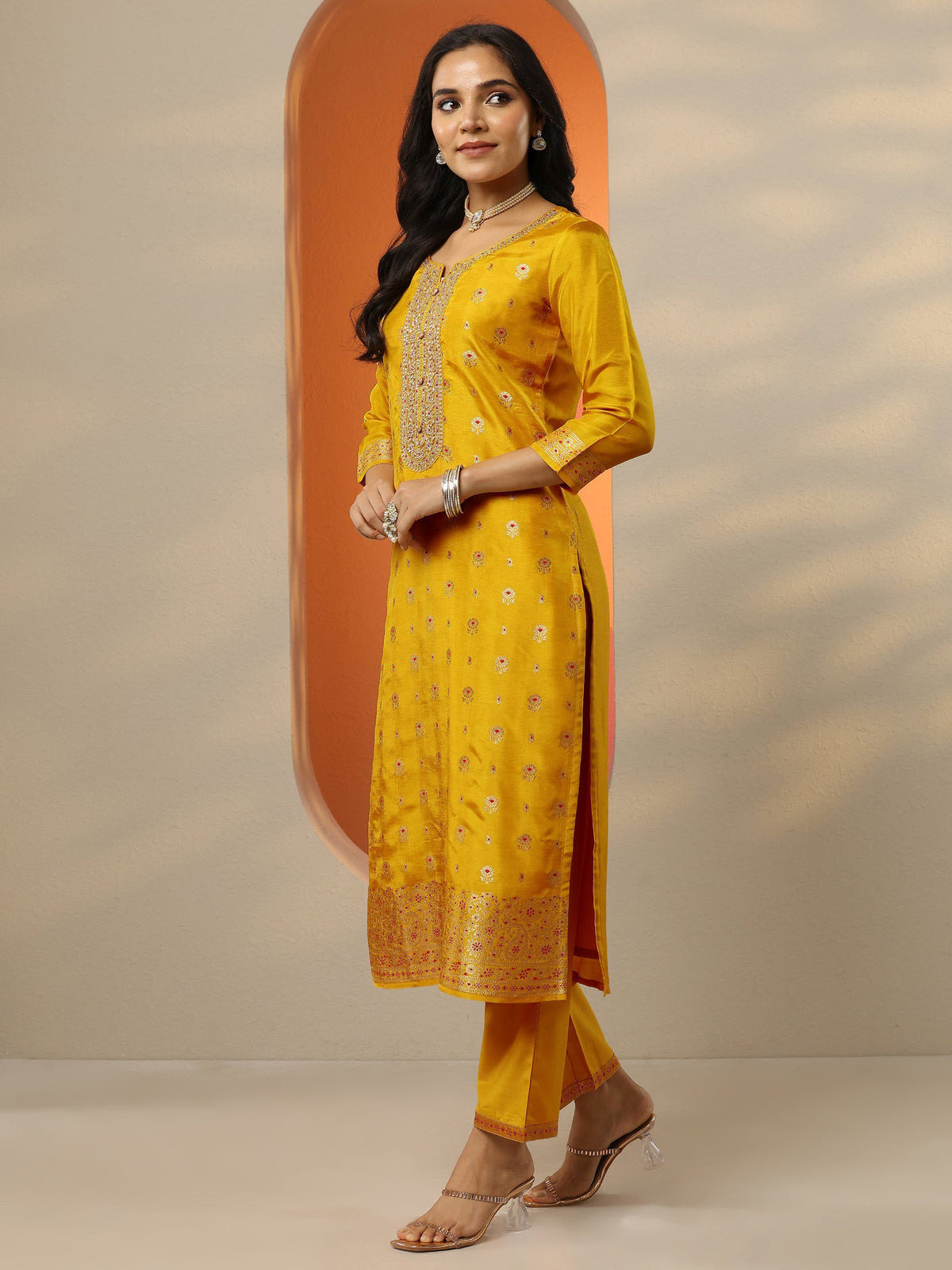 Libas Mustard Woven Design Silk Blend Straight Suit Set With Dupatta