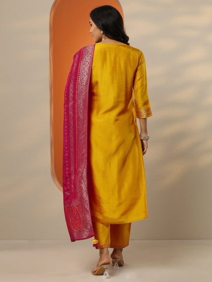 Libas Mustard Woven Design Silk Blend Straight Suit Set With Dupatta