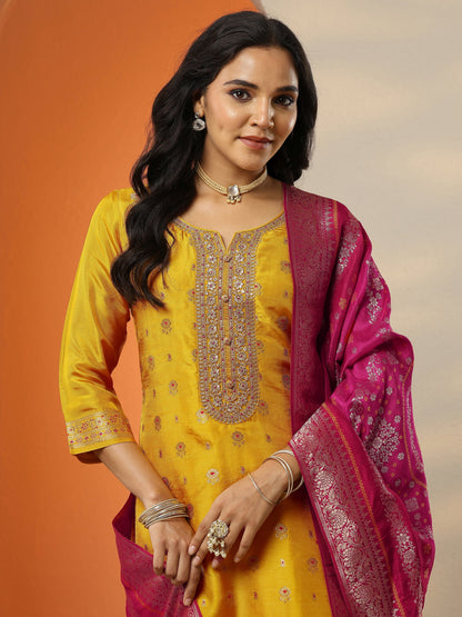 Libas Mustard Woven Design Silk Blend Straight Suit Set With Dupatta