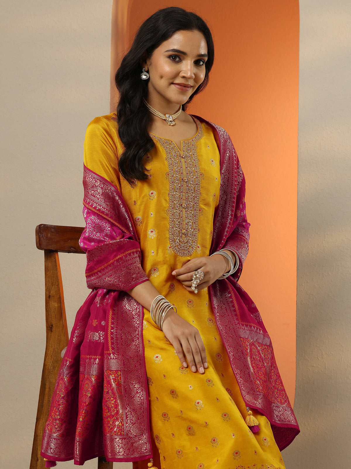 Libas Mustard Woven Design Silk Blend Straight Suit Set With Dupatta