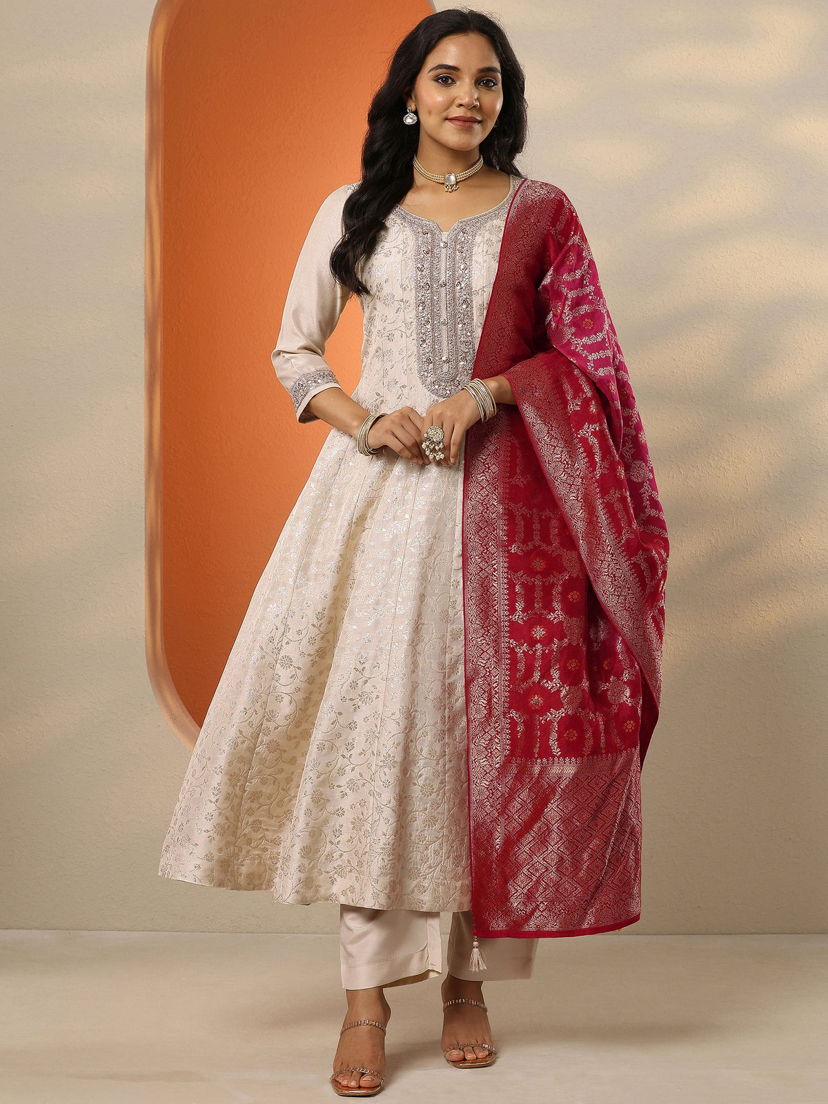 Libas Off White Woven Design Silk Blend Anarkali Suit Set With Dupatta