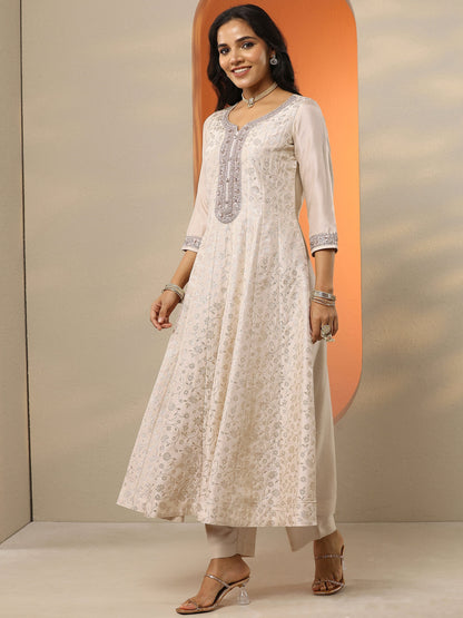 Libas Off White Woven Design Silk Blend Anarkali Suit Set With Dupatta