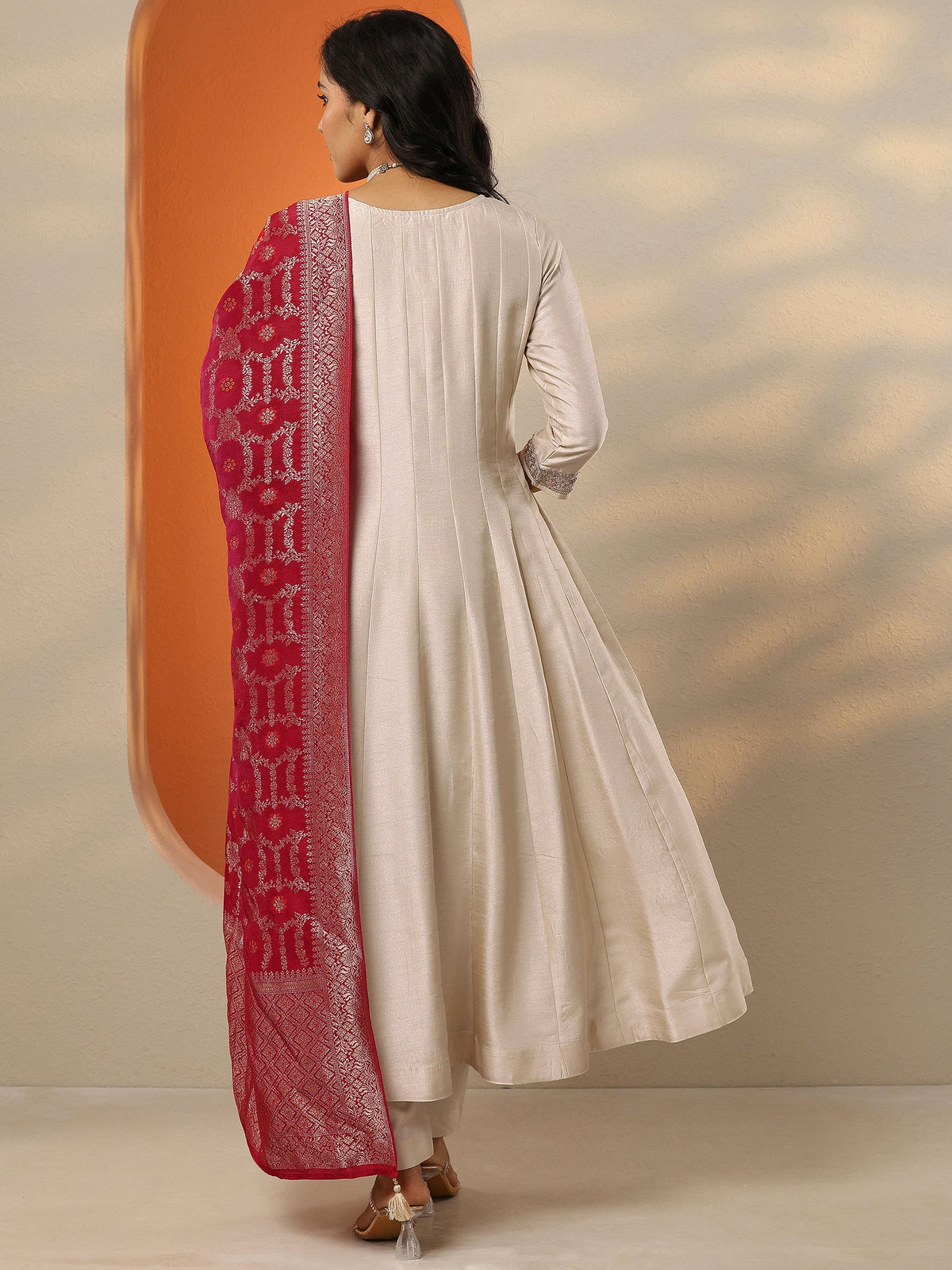Libas Off White Woven Design Silk Blend Anarkali Suit Set With Dupatta