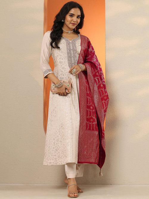 Libas Off White Woven Design Silk Blend Anarkali Suit Set With Dupatta