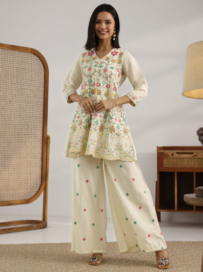 Libas Off White Embroidered Silk Blend Co-Ord Sets