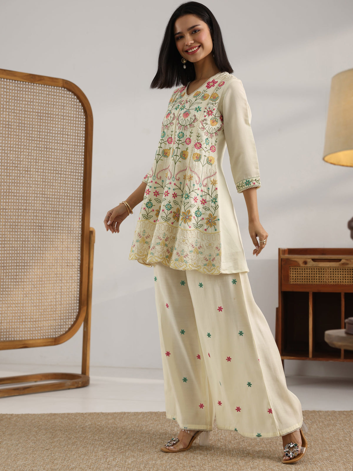 Libas Off White Embroidered Silk Blend Co-Ord Sets
