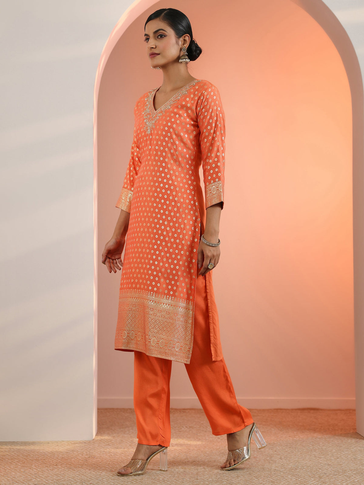 Libas Orange Woven Design Silk Blend Straight Suit Set With Dupatta