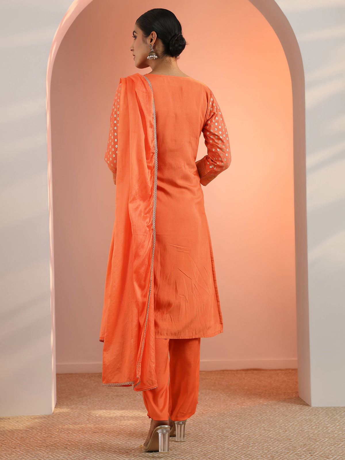 Libas Orange Woven Design Silk Blend Straight Suit Set With Dupatta