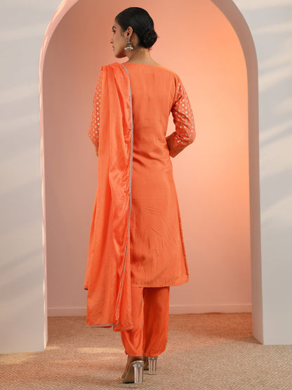 Libas Orange Woven Design Silk Blend Straight Suit Set With Dupatta