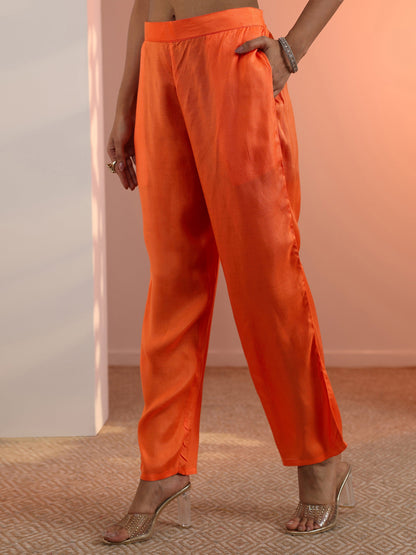 Libas Orange Woven Design Silk Blend Straight Suit Set With Dupatta