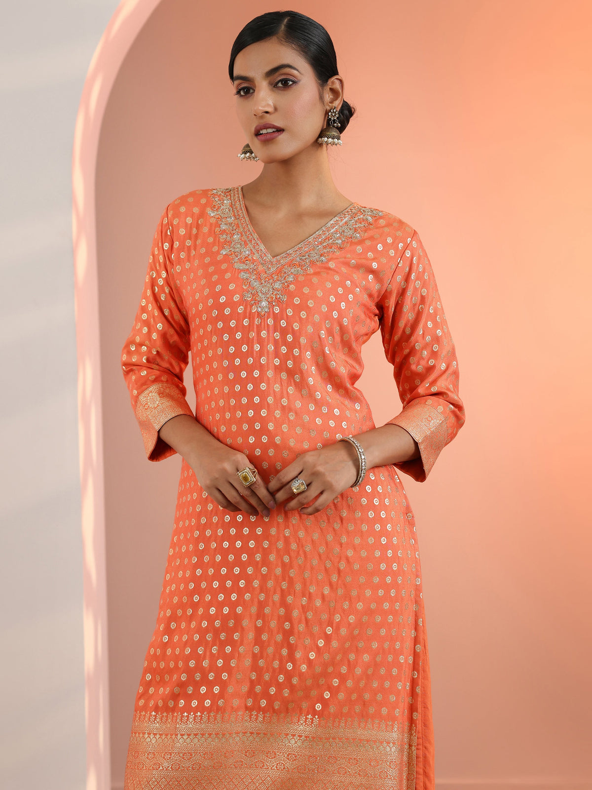 Libas Orange Woven Design Silk Blend Straight Suit Set With Dupatta