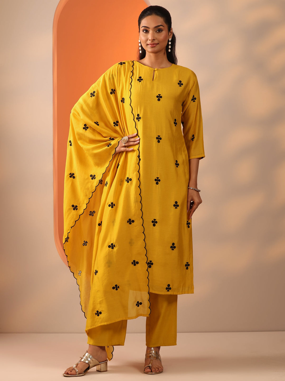 Libas Mustard Embroidered Cotton Blend Straight Suit Set With Dupatta