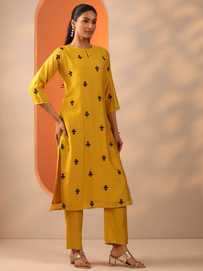 Libas Mustard Embroidered Cotton Blend Straight Suit Set With Dupatta
