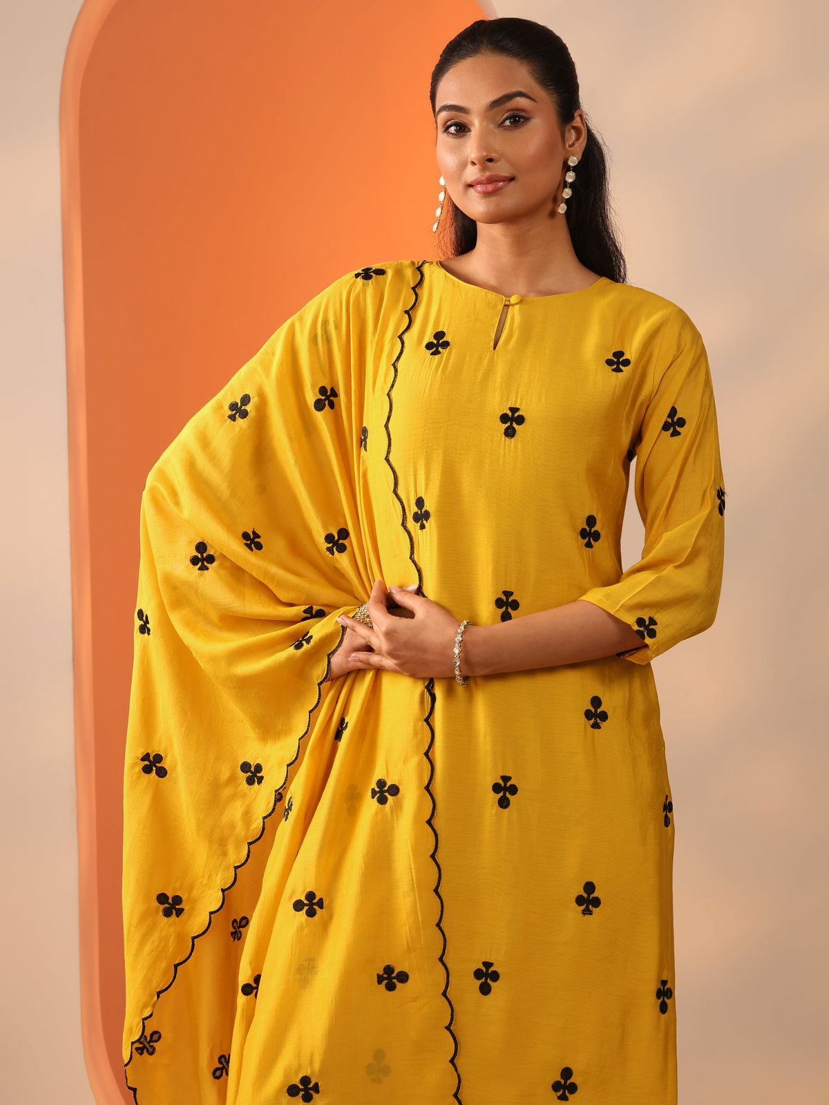 Libas Mustard Embroidered Cotton Blend Straight Suit Set With Dupatta