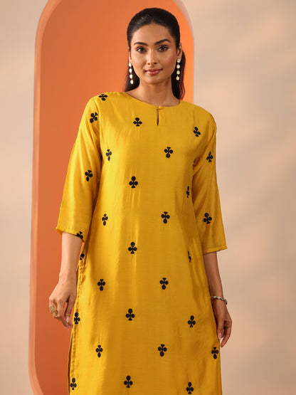 Libas Mustard Embroidered Cotton Blend Straight Suit Set With Dupatta