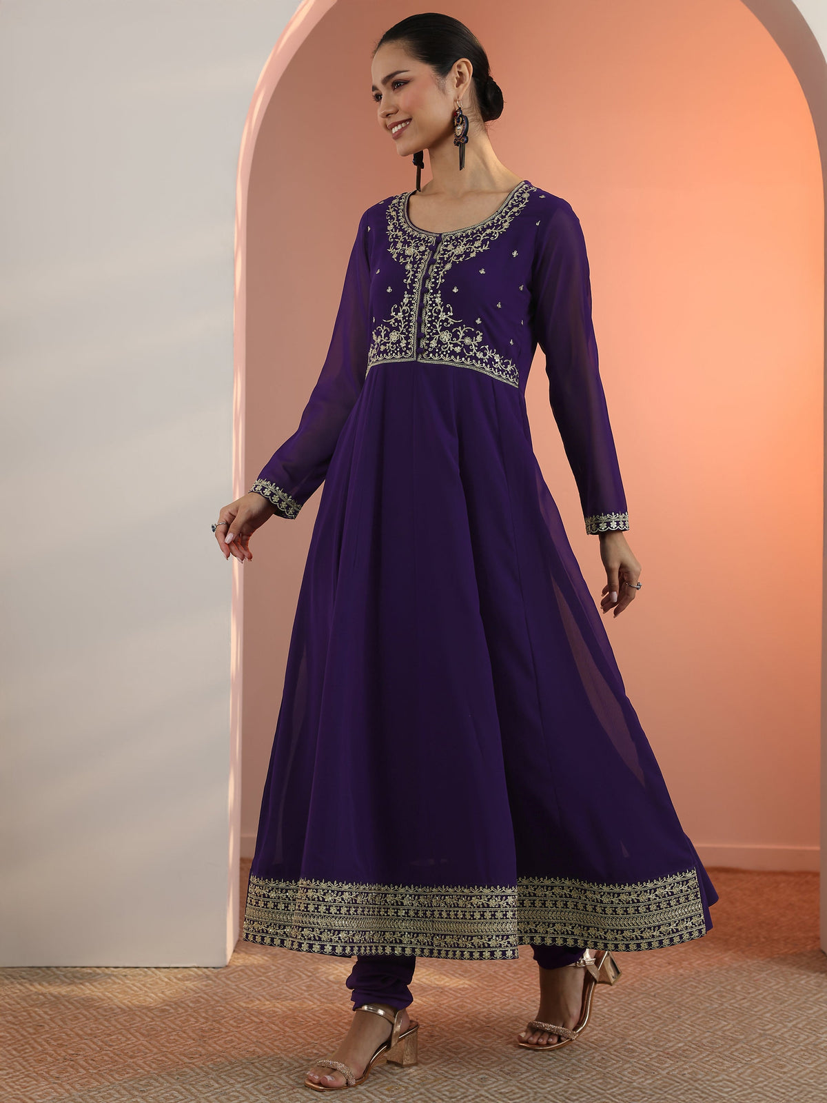 Libas Purple Embellished Georgette Anarkali Suit Set With Dupatta
