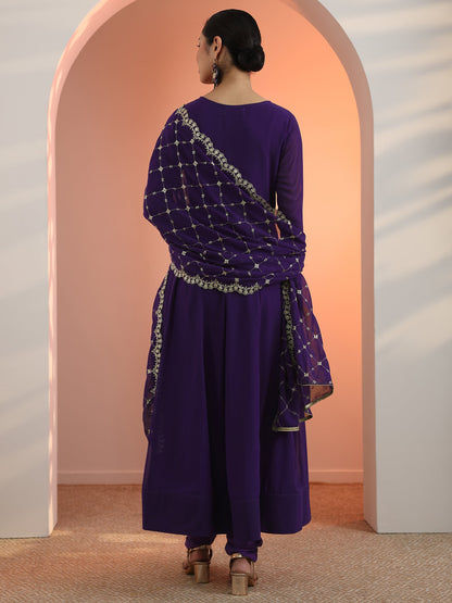 Libas Purple Embellished Georgette Anarkali Suit Set With Dupatta