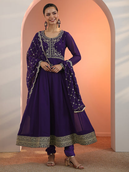 Libas Purple Embellished Georgette Anarkali Suit Set With Dupatta
