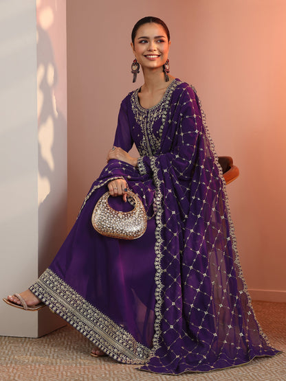 Libas Purple Embellished Georgette Anarkali Suit Set With Dupatta
