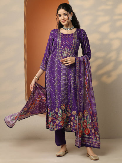 Libas Purple Bandhani Printed Silk Blend Straight Suit Set With Dupatta