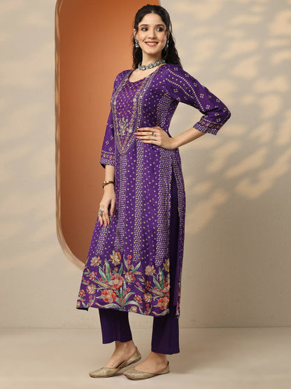 Libas Purple Bandhani Printed Silk Blend Straight Suit Set With Dupatta