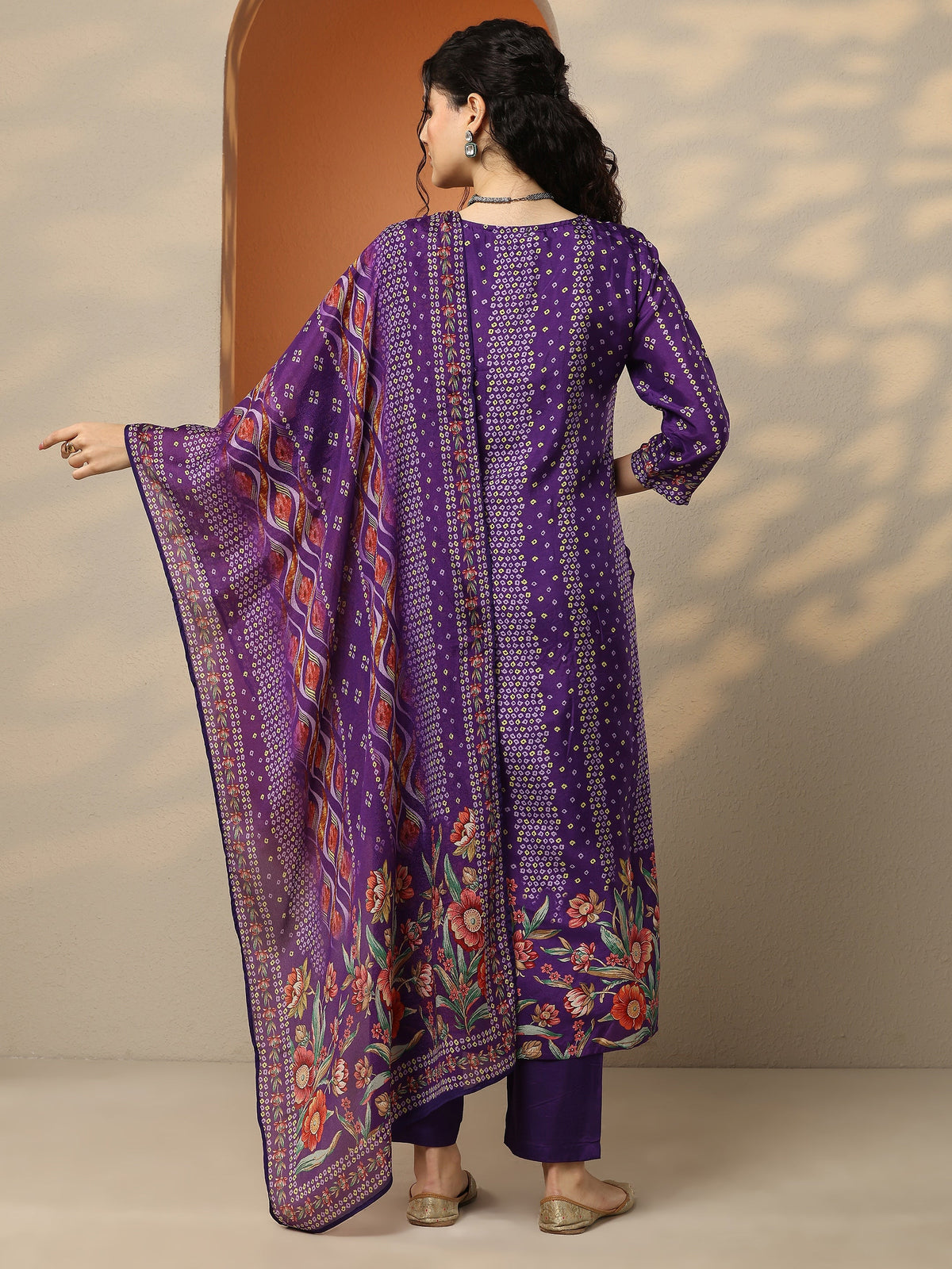 Libas Purple Bandhani Printed Silk Blend Straight Suit Set With Dupatta