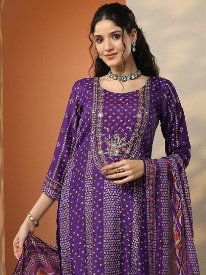 Libas Purple Bandhani Printed Silk Blend Straight Suit Set With Dupatta