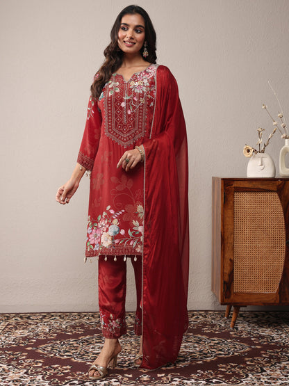 Libas Maroon Printed Silk Crepe Straight Suit Set With Dupatta