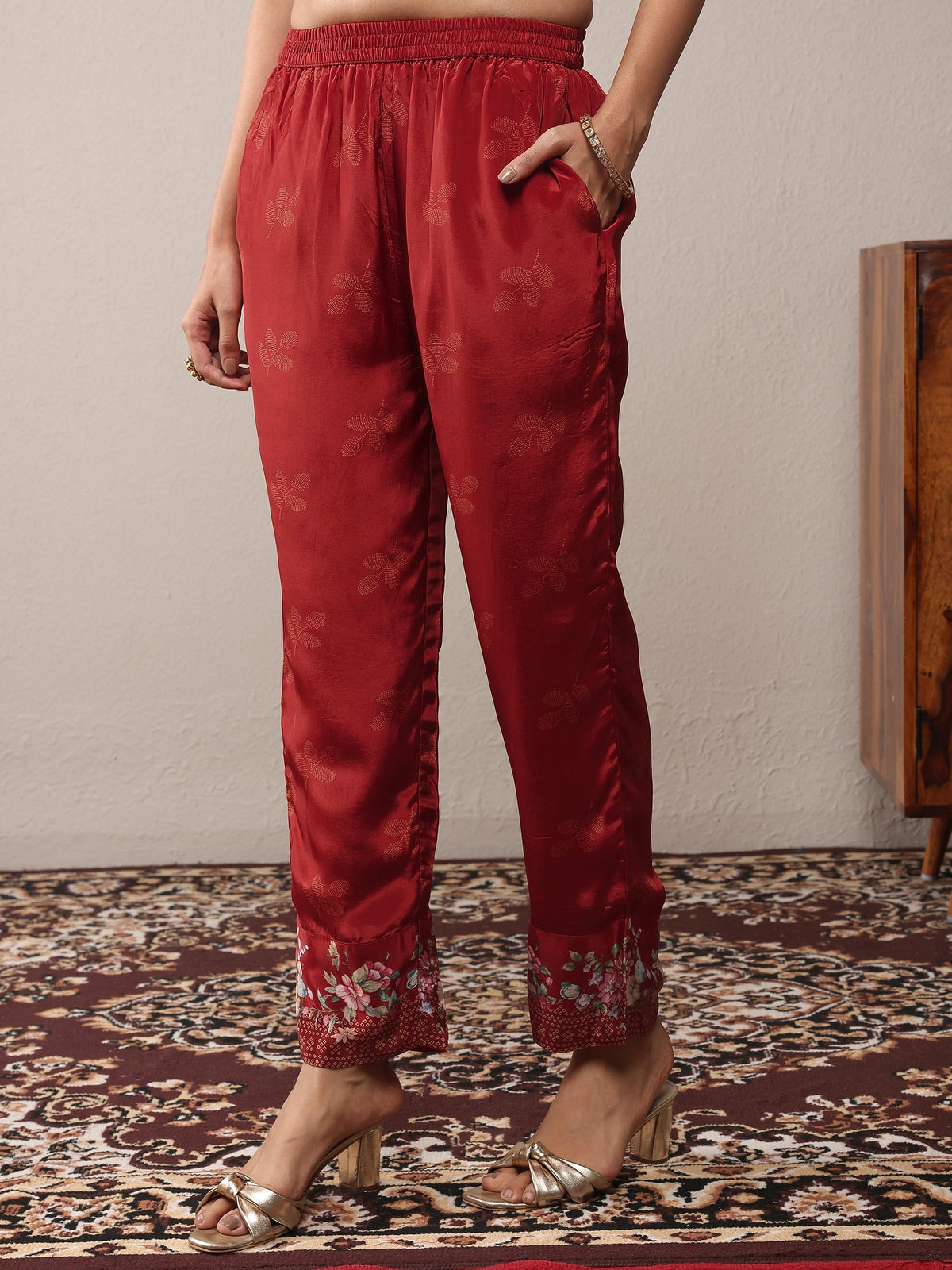 Libas Maroon Printed Silk Crepe Straight Suit Set With Dupatta