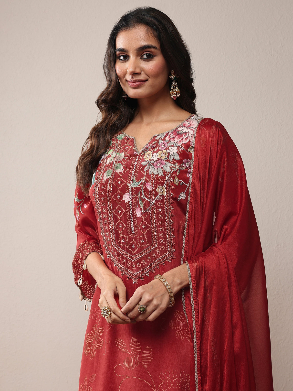 Libas Maroon Printed Silk Crepe Straight Suit Set With Dupatta