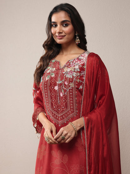 Libas Maroon Printed Silk Crepe Straight Suit Set With Dupatta
