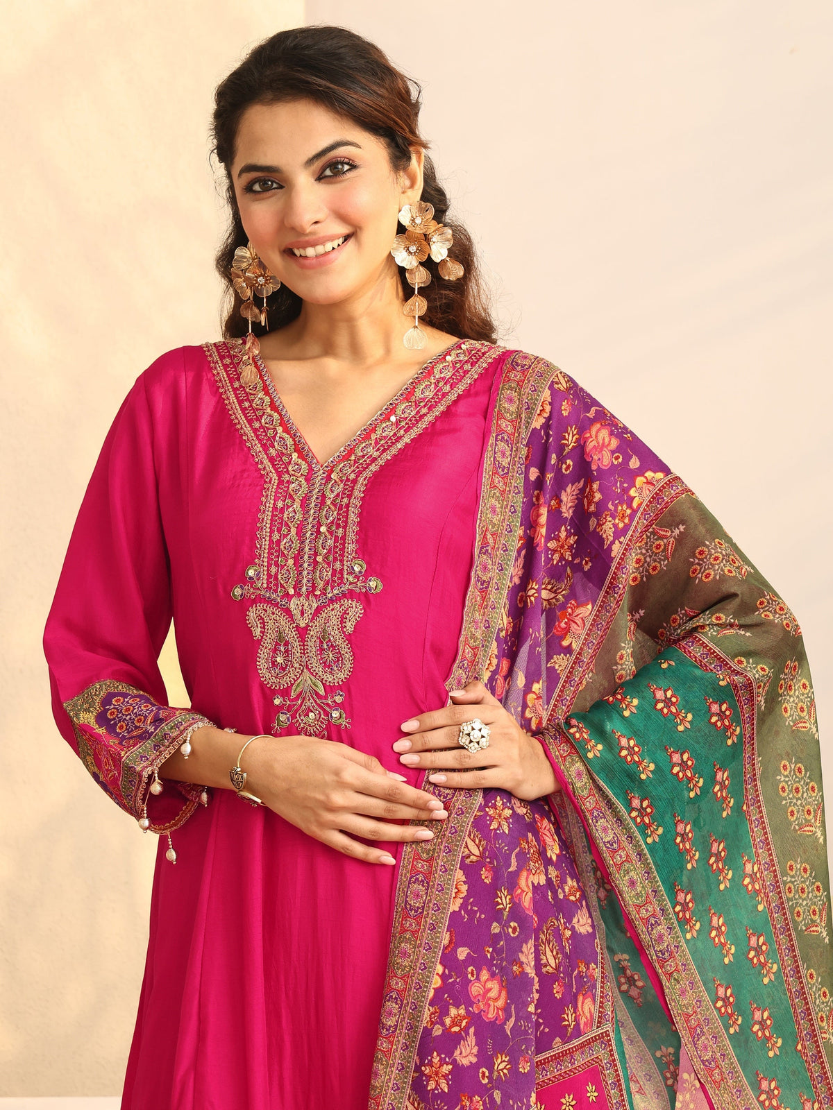 Libas Pink Printed Silk Blend A-Line Suit Set With Dupatta