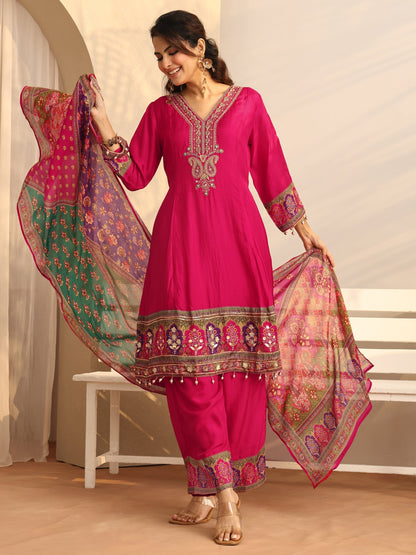 Libas Pink Printed Silk Blend A-Line Suit Set With Dupatta