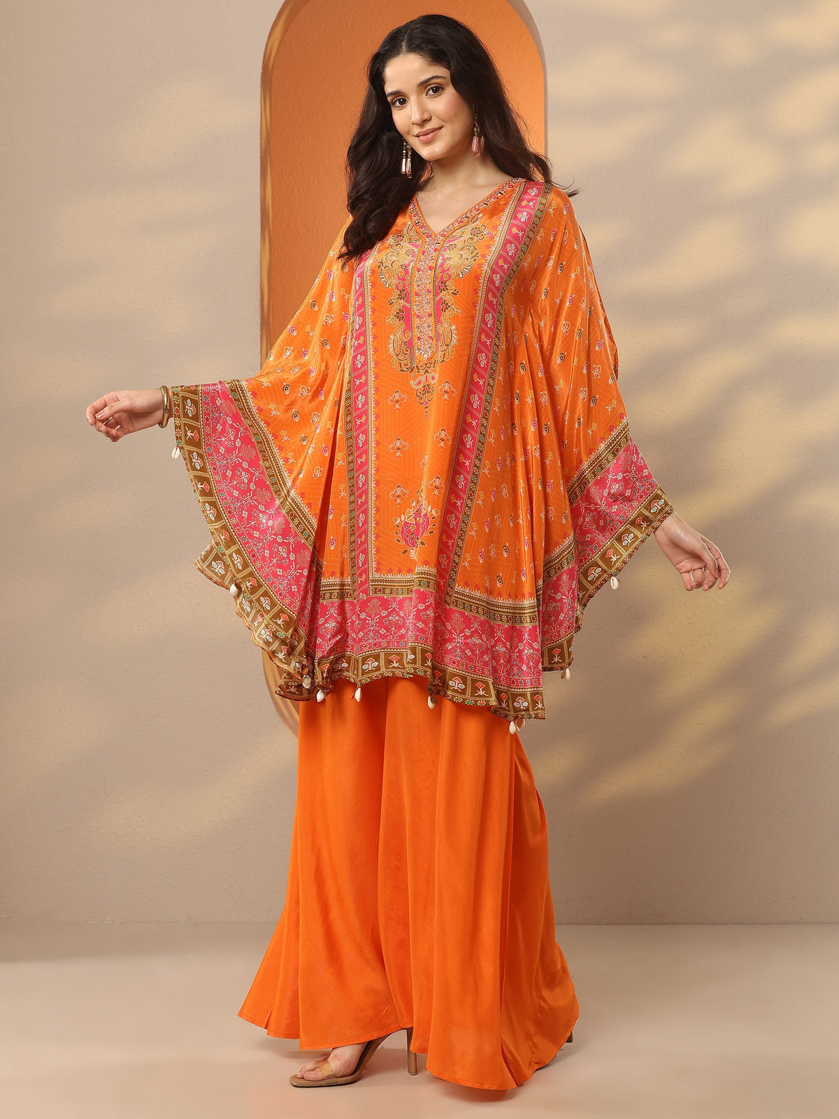 Libas Orange Printed Crepe A-Line Kurta Set