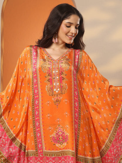 Libas Orange Printed Crepe A-Line Kurta Set