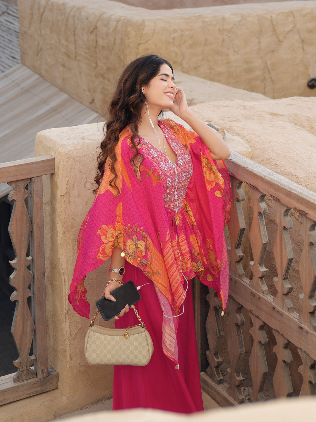 Libas Pink Printed Crepe A-Line Kurta Set