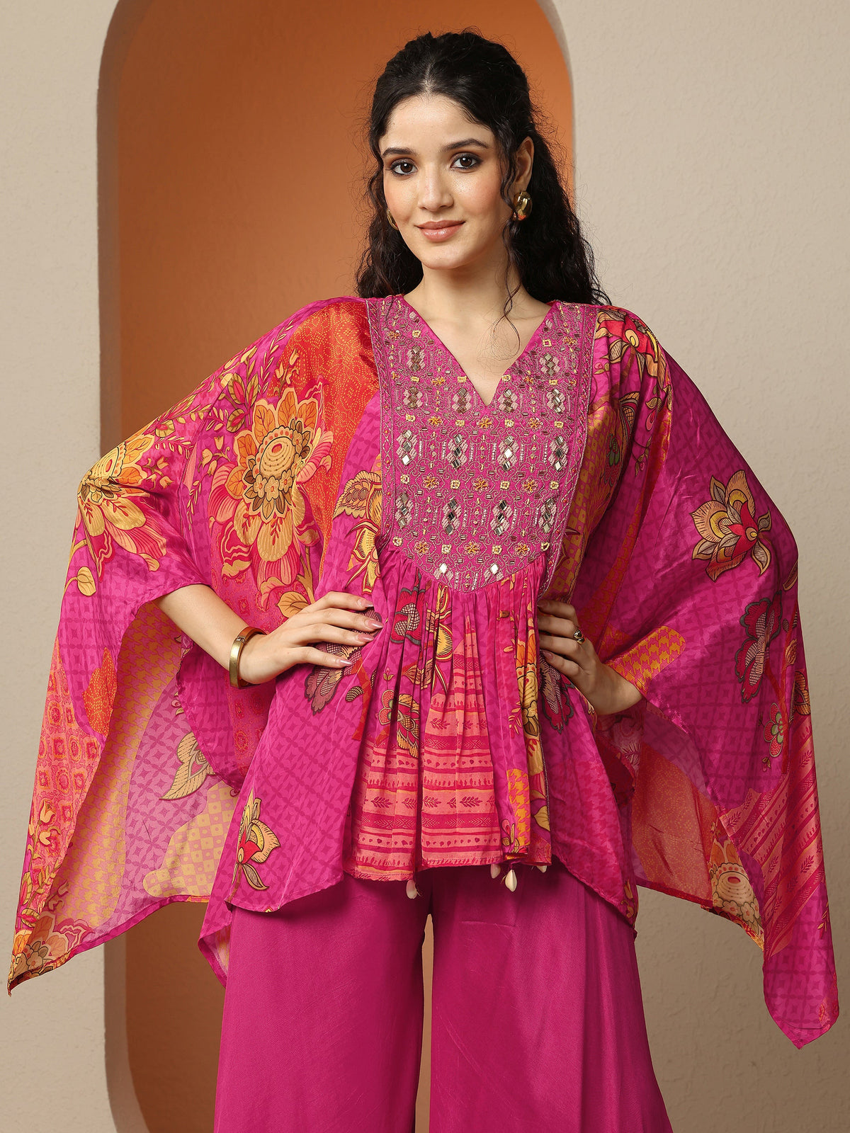 Libas Pink Printed Crepe A-Line Kurta Set