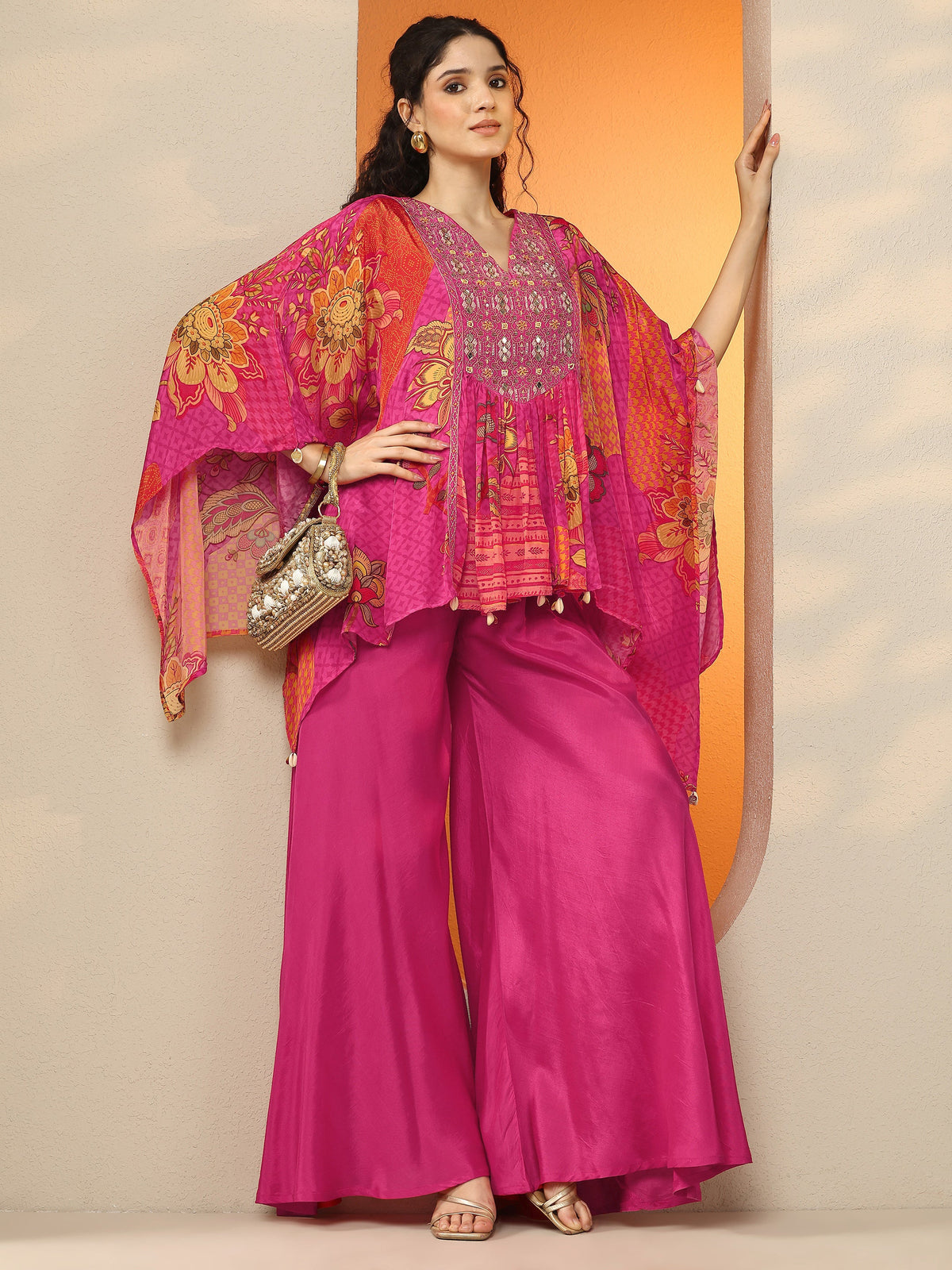 Libas Pink Printed Crepe A-Line Kurta Set