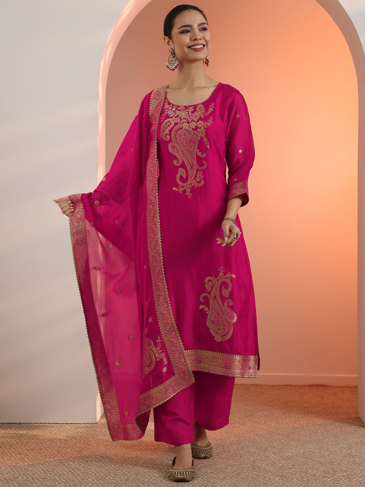 Libas Pink Woven Design Silk Blend Straight Suit Set With Dupatta
