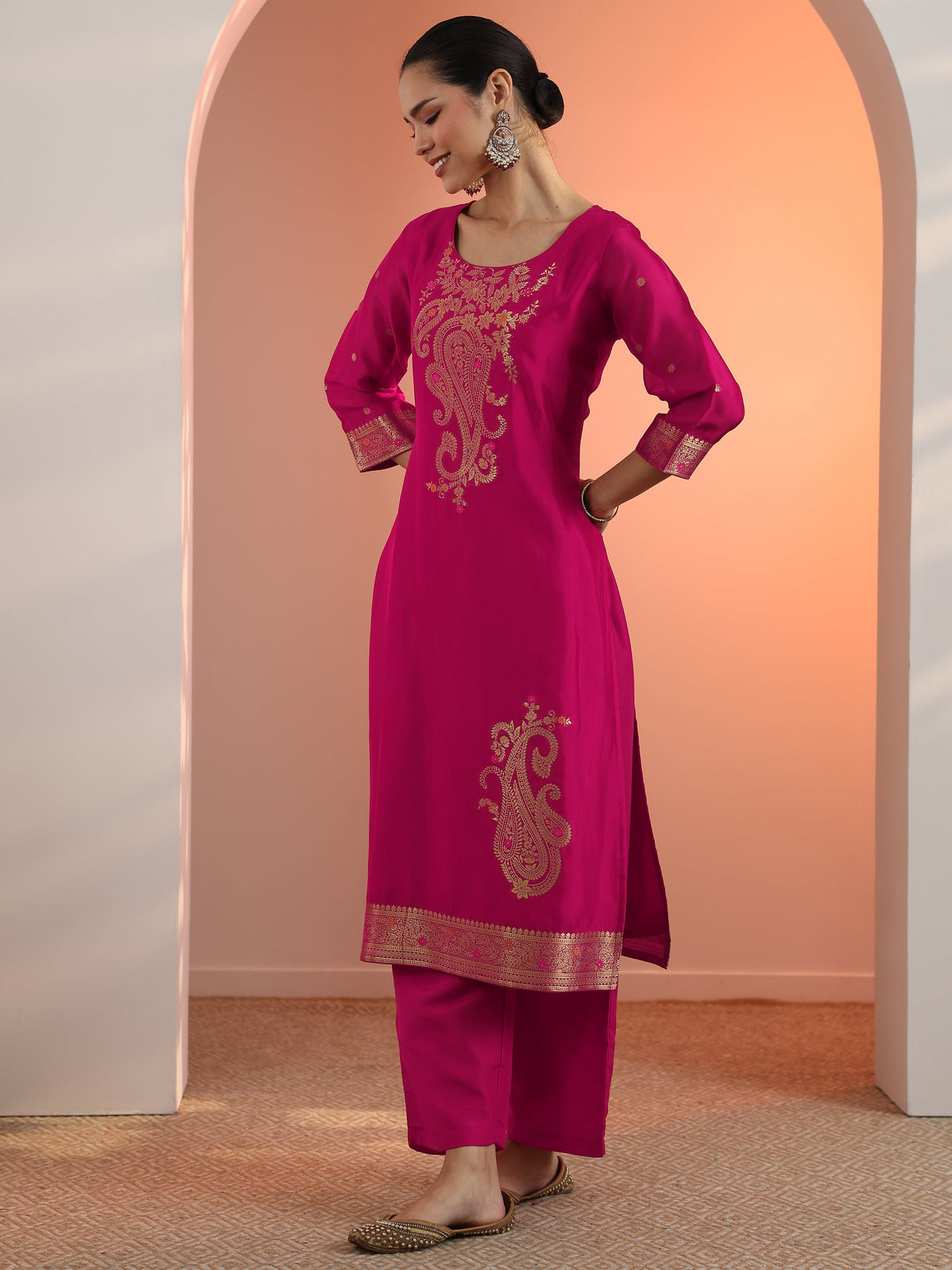 Libas Pink Woven Design Silk Blend Straight Suit Set With Dupatta