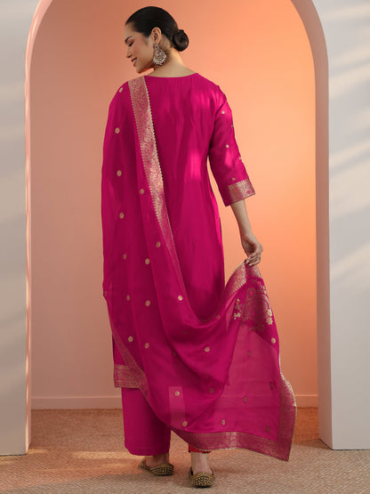 Libas Pink Woven Design Silk Blend Straight Suit Set With Dupatta