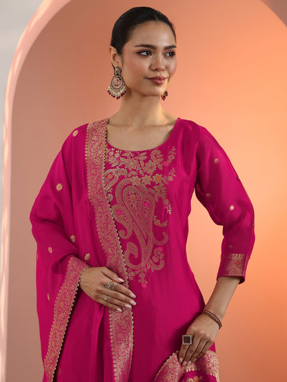 Libas Pink Woven Design Silk Blend Straight Suit Set With Dupatta
